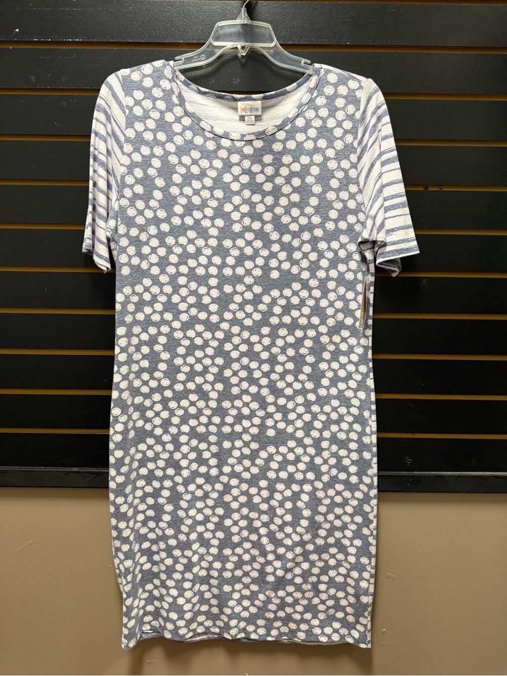LuLaRoe Julia Dress 2XL Blue White Polka Dot Stripe Stretch T-Shirt Dress NWT